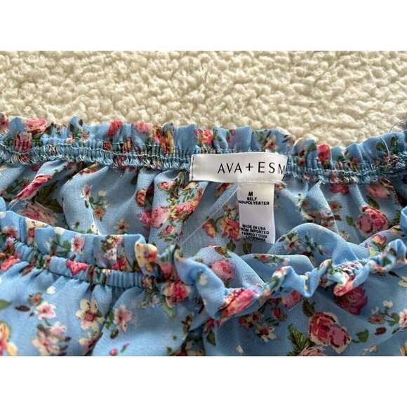AVA + ESME  Short Puff Sleeve Blue/Pink Floral Chiffon On/Off Shoulder Crop Top - Picture 6 of 8